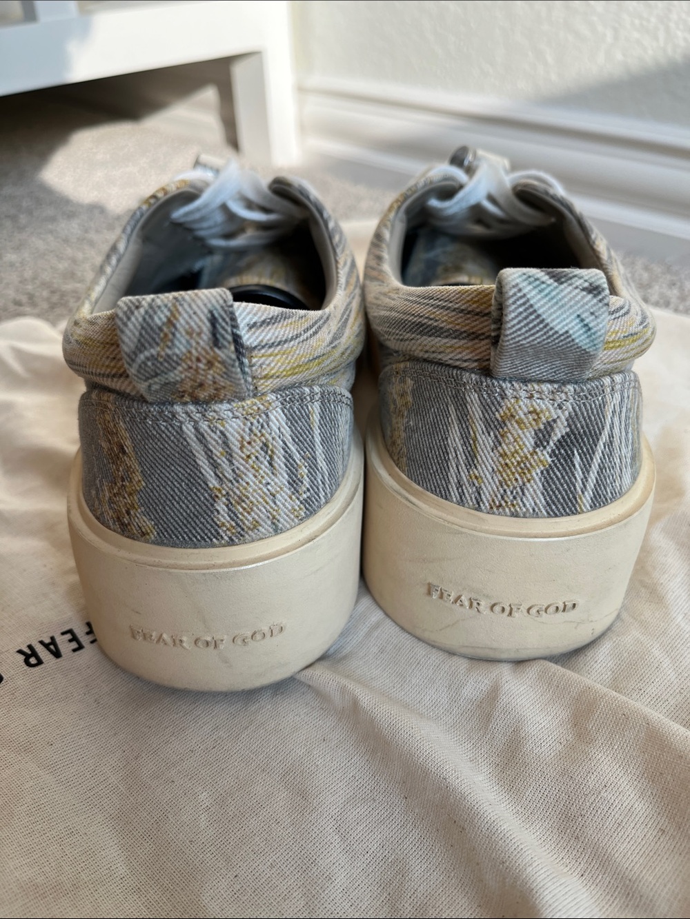 Fear of God Men’s Low-Top Canvas Sneakers in Camo Gray and Cream - Picture 3 of 10